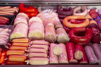 Sausage counter in a butcher's shop