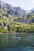 Steep sided glacial trough fiord jagged mountain peaks, Trollfjorden, Lofoten Islands, Nordland,