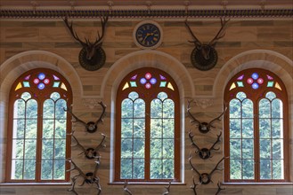 Stained glass window with antlers as wall decoration and a classical clock, Rügen, Granitz Castle