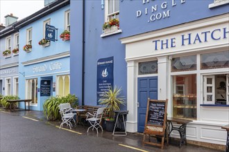 Inviting café fronts in blue tones with street plants, Dingle