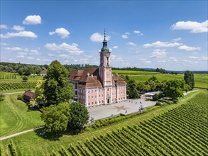 Aerial view of the pilgrimage church Birnau, Uhldingen-Mühlhofen, Lake Constance district,