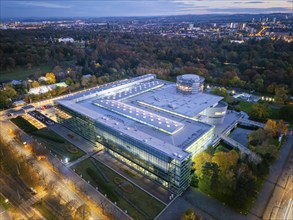 Transparent VW factory in the evening, aerial view, Dresden, Saxony, Germany, Europe