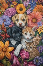 Puppies dogs and cats in a colorful flower setting, AI generated