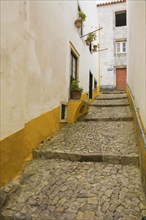 Old street with mosaic style paving stone stairs and white roughcast buildings with yellow painted