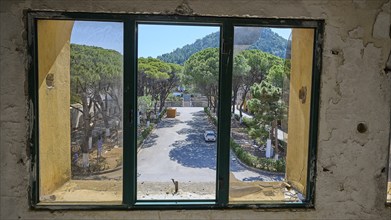 View from a window in an abandoned building onto a green forest landscape and street, Lost Place,