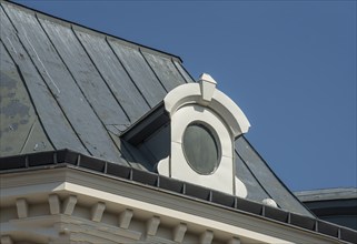 Cup on the roof of an old house in Ystad, Skåne County, Sweden, Scandinavia, Europe