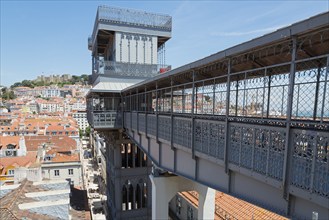 Detailed view of the Elevador de Santa Justa and view of Lisbon, passenger lift, Elevador de Santa