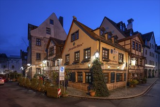 Historic Bratwurst Kitchen Zum gulden Stern in the evening, Zirkelschmiedsgasse 26, Nuremberg,