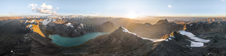 Evening mood, mountain panorama, aerial view, 4000 metre peak with glacier, mountain pass and