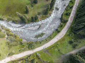 Aerial view, Green Mountain Valley, Chon Kyzyl Suu, Tien-Shan Mountains, Kyrgyzstan, Asia