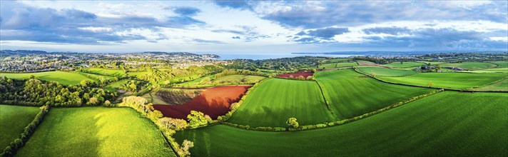 Panorama of Fields and Farms over Torquay from a drone, Devon, England, United Kingdom, Europe