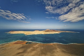 View from the Mirador del Río viewpoint, designed by artist César Manrique, of the island of La