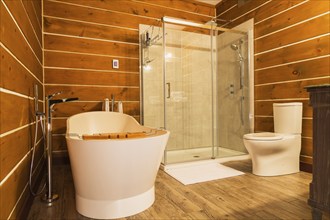 Freestanding bathtub with high tank toilet and clear glass shower stall in en suite with imitation