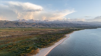 Aerial view, landscape at Lake Issyk Kul, Kyrgyzstan, Asia