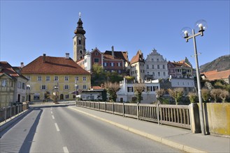 Small town view with church and historic buildings in clear skies and sunny weather, St Catherine's