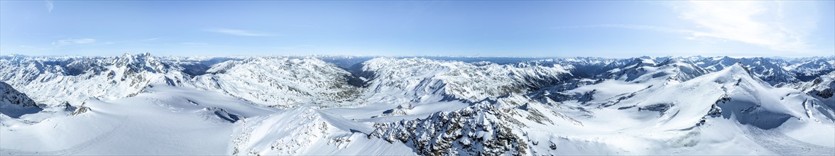 Cevedale summit, Alpine panorama, Aerial view, Snow-covered mountain landscape, Ortler group,