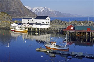 Small harbour with boats, white houses and surrounding mountains reflected in the calm water under