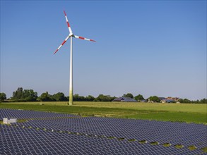 PV system in the solar park, wind turbine on the Swabian Alb. Neuselhalden wind farm near Steinheim