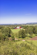 High angle view at a rural cultivated landscape with a red barn and a dirt road in the summer,