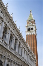 Arcades on St Mark's Square and Campanile, Venice, Veneto, Italy, Europe