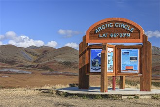 Sign, information board, Arctic Circle, autumn, sunny, Dempster Highway, Yukon, Canada, North