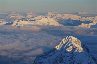 Mountain peak above high fog, evening light, winter, view from Zugspitze to Alpspitze and Karwendel