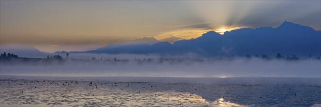 Sunrise at Lake Hopfensee near Füssen, behind Hopfen am See, the Tegelberg massif and the Säuling,