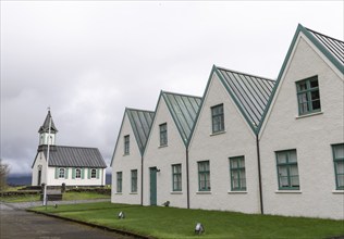 Houses and church, Thingvellir, Þingvellir National Park, Iceland, Europe