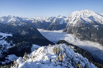 Snow-covered summit of the Jenner with viewing platform in autumn, view of the sea of clouds and