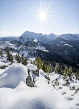 Snow-covered summit of the Jenner in autumn, view of mountain panorama with Hagengebirge,