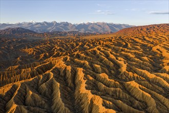 Landscape of eroded hills, badlands at sunset, mountain peaks of the Tian Shan Mountains in the