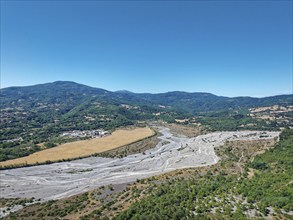 Aerial view of the dry riverbed of the Sinni n Basilicata in the Pollino National Park. Fardella,