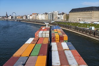 Container freighter, Milliennium II, as a coupled convoy, on the Rhine, on the right the North