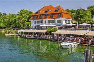 Waterfront with restaurant terrace of the Strandhotel, Berg, Lake Starnberg, Bavarian Alpine