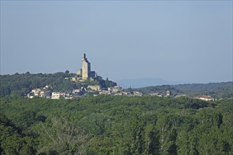 Townscape with tower of Salles-sous-Bois, landscape, Drôme, Tricastin, Provence, France, Europe