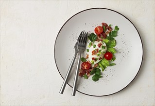 Poached egg, with bacon and vegetables, breakfast, homemade