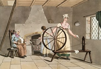 Scene from everyday life in England around 1810, woman at the spinning wheel