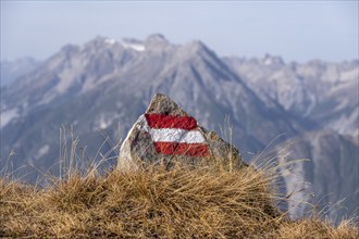 Red-white-red hiking trail markings on the Venet crossing, Ötztal Alps, Tyrol, Austria, Europe