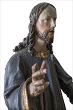 Christ on the palm donkey, detail, wooden figure from around 1880, on a white background, Dominican