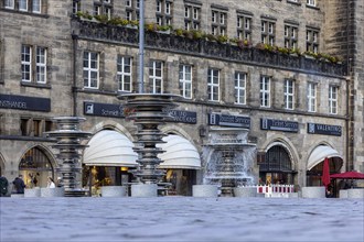 Market square with fountain Manifold by artist Daniel Widrig. City view of Chemnitz, Saxony,