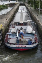 Barge in a lock of the Main near Heiligenbrücke, Würzburg, Unterfanken, Bavaria, Germany, Europe