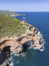 Aerial view of the lighthouse Far de sa Punta des Moscarter, Ibiza, Balearic Islands, Spain, Europe