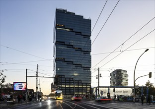 The 140 metre high Amazon office tower Edge East Side at Warschauer Brücke, at blue hour, Berlin,