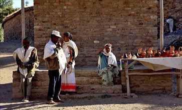 Yeha village, woman selling souvenirs at the market place, Ethiopia, Africa