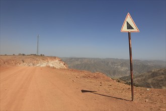 In the highlands of Abyssinia, landscape in the Semien Mountains, Semien Moutains, traffic signs,