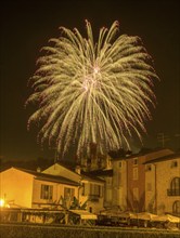 Fireworks from the Scaliger castle in the foreground Houses of, Borghetto, Valeggio sul Mincio,