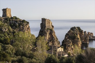 Torre di Scopello, historic defence towers in the rocky bay of Scopello, Sicily, Italy, Europe