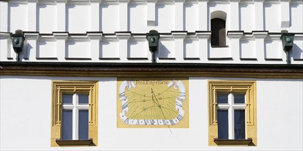 Sundial on the wall of Litomerice old town hall, Litomerice, Bohemia, Czech Republic, Europe