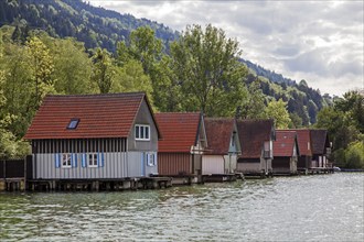 Boathouses in Bühl, Großer Alpsee, near Immenstadt, Oberallgäu, Allgäu, Bavaria, Germany, Europe