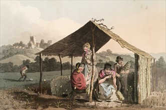 Scene from everyday life in England around 1810, peasant women at the harvest, thistle harvest,